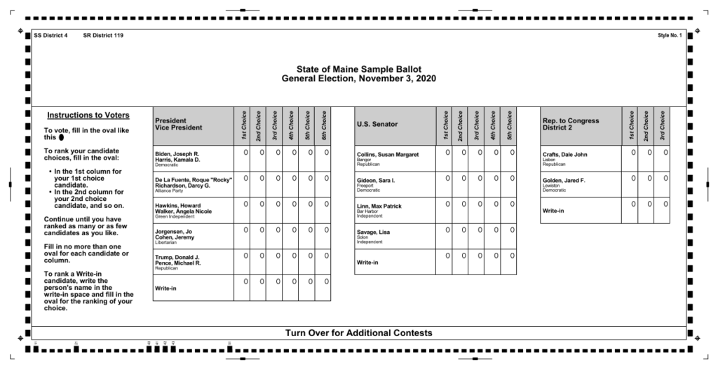 State of Main Sample Ballot, General Election, November 3, 2020. Three tables of names with instructions to fill in ovals to indicate order of preference.