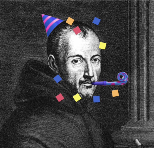 Image of Marin Mersenne, made up to look like the partying emoji with a little hat and a blower and confetti around him because he's celebrating