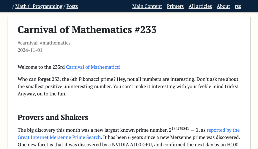 Screenshot of Carnival of Mathematics 233 on the Math Intersect Programming blog.