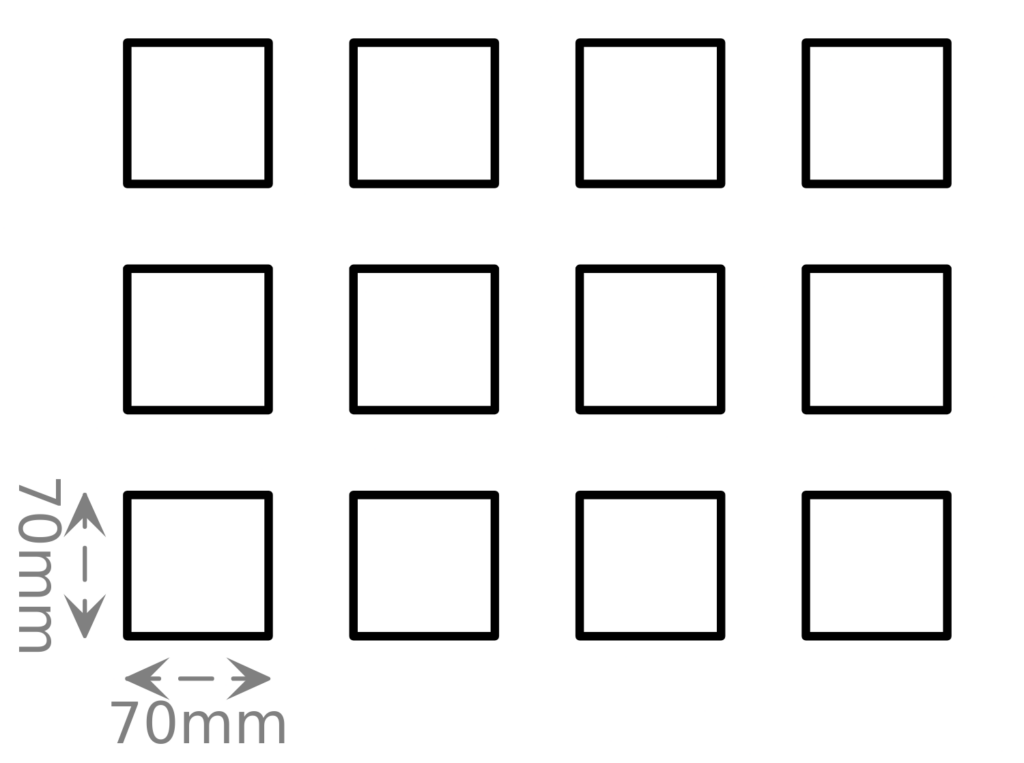 A 4×3 grid of squares. Each square is 70mm×70mm.