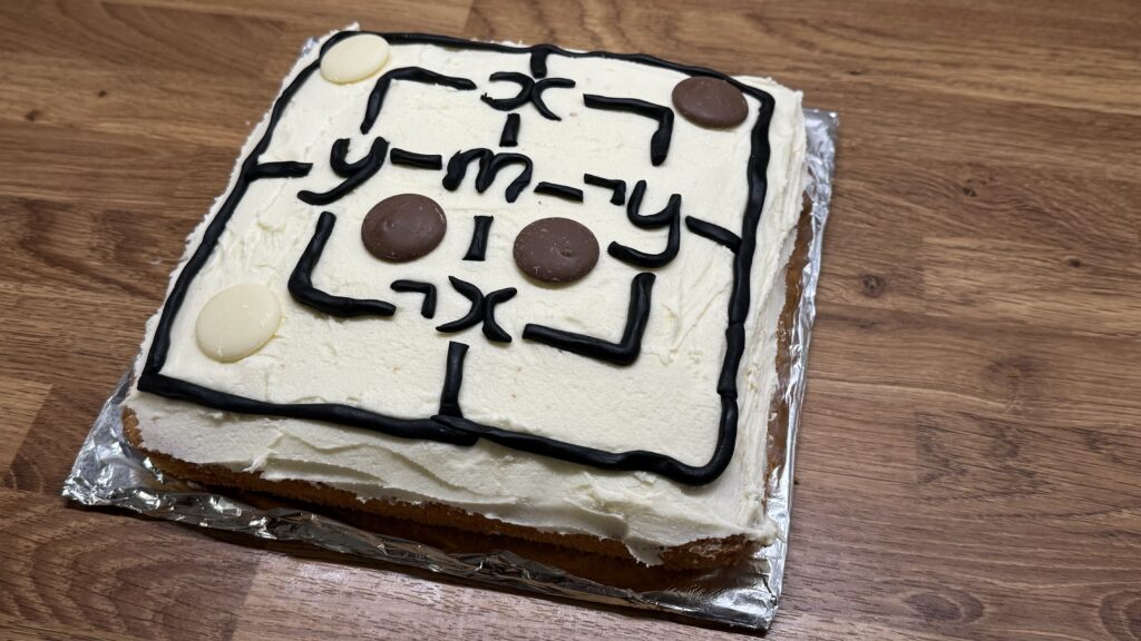 Square cake decorated with Game of Logic pattern. The square is divided into eight sections labelled with x, not x, y, not y and m as described in the podcast episode. Brown and white chocolate buttons mark five sections.