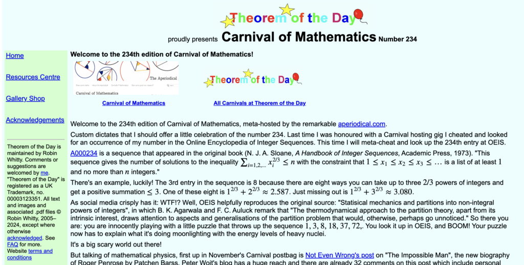 Screenshot of the Carnival on the Theorem of the Day website