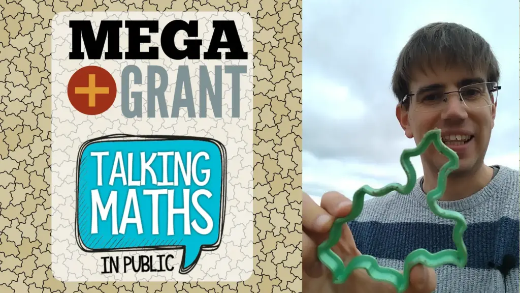 Christian holding a spectre tile cutter, next to the MEGA grant and Talking Maths in Public logos