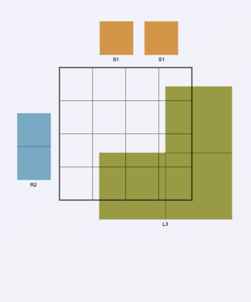 Screenshot of a game state in Jigsy where there's a large L-shaped piece (4-by-4 squares with the top left 2-by-2 missing), two one-square pieces and a 2-by-1 piece. The pieces need to fit in a 4-by-4 grid, but won't fit