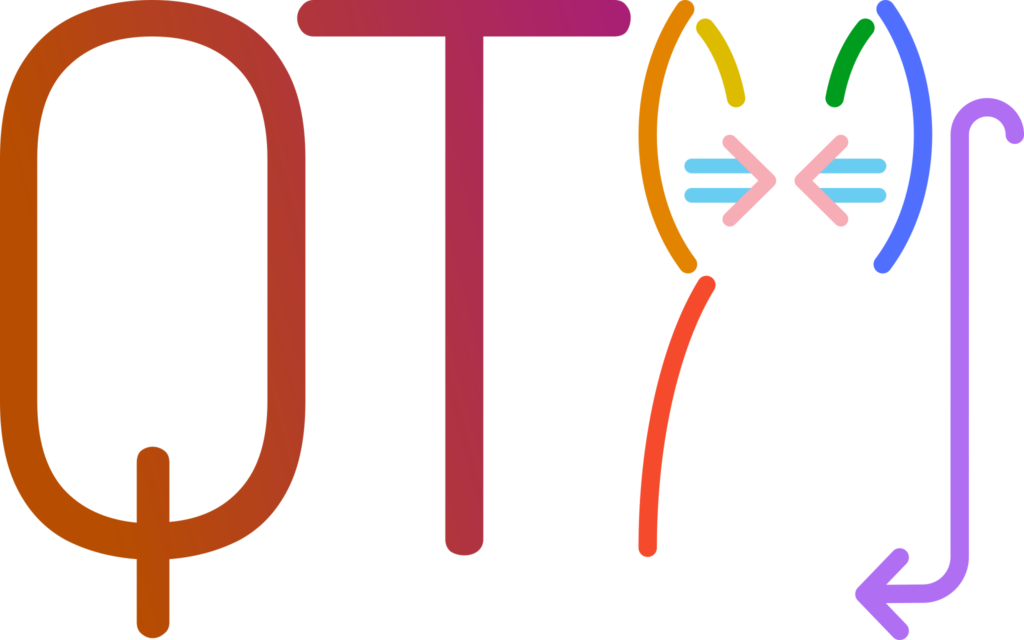 The Queer and Trans people in Category Theory conference logo, which is a QT and then a picture of a cat made out of mathematical symbols (brackets, implication arrows for whiskers etc), in progress pride flag colours